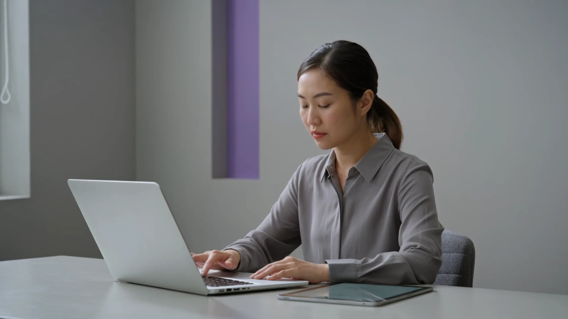 A woman completing a task on a laptop